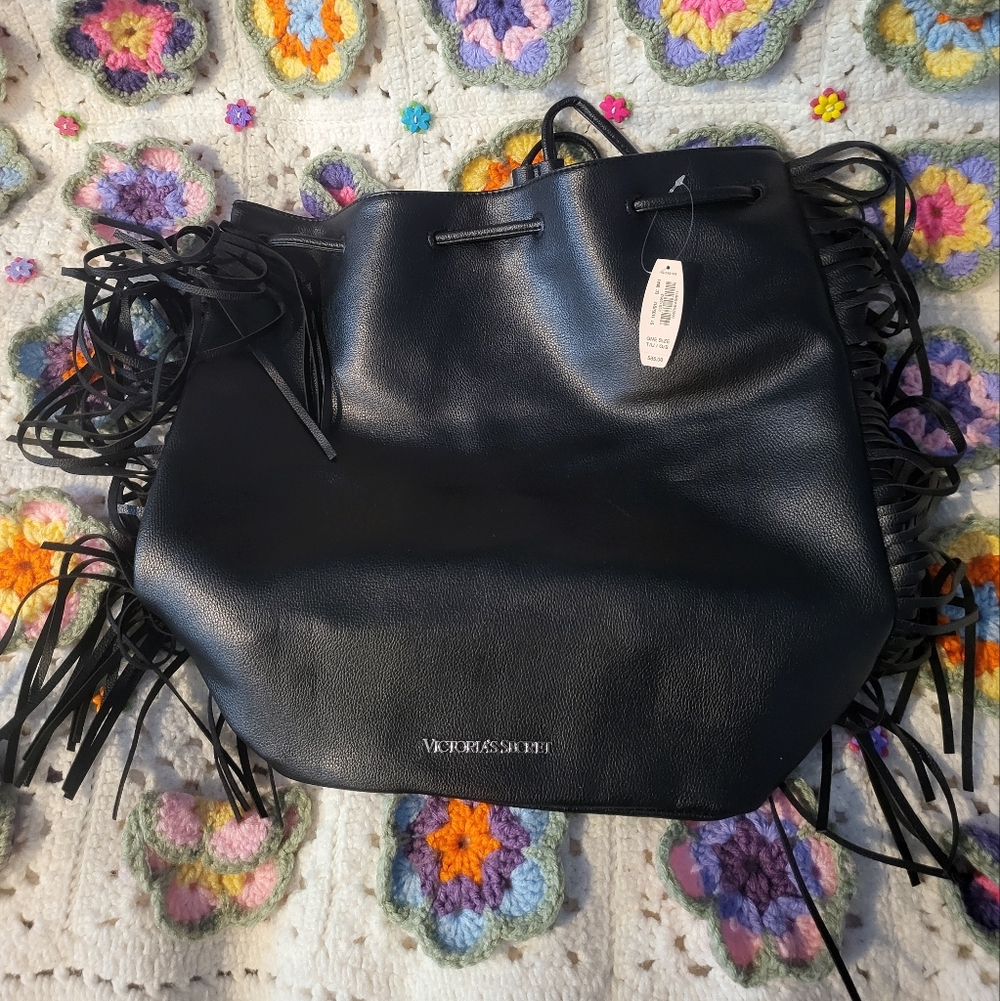 Black Leather Victoria Secret bag with fringe